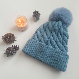 New Handmade Cable Knit Blue Beanie or Toque with Faux Fur Pom Pom and Lining